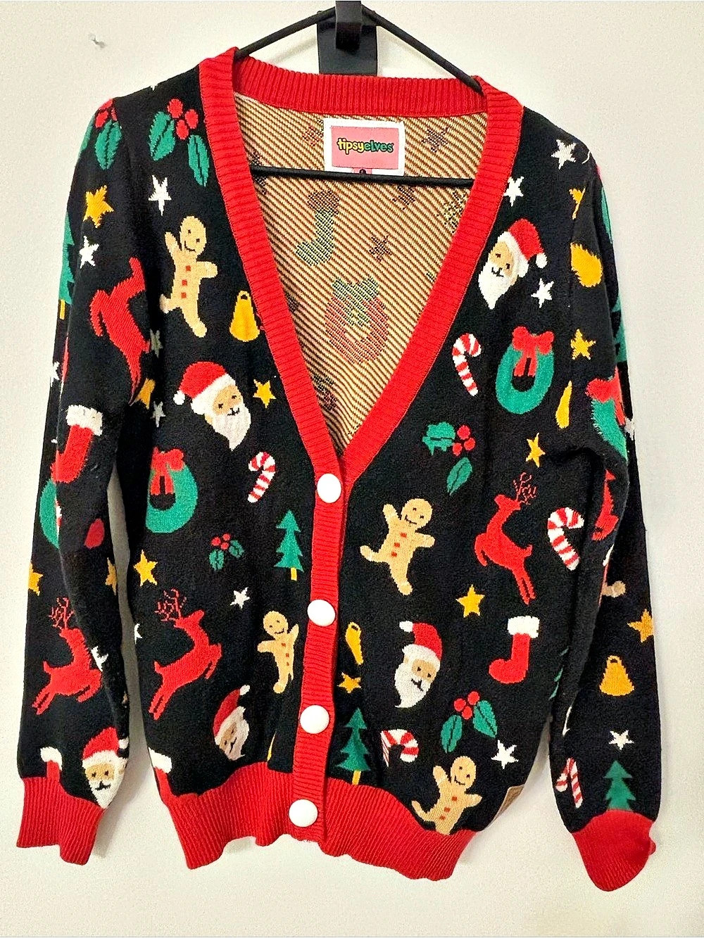 Tipsy Elves Black Holiday Cardigan with Santa and Gingerbread Man Black & Red
